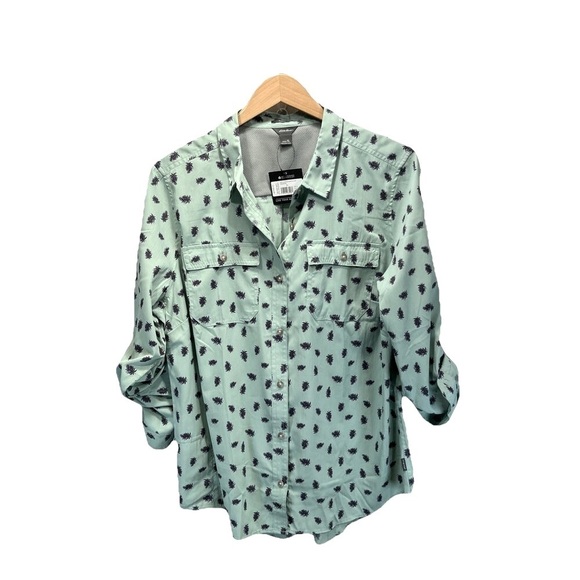 Eddie Bauer Adventurer 3.0 Green Leaf Print Blouse RollTab Button XL Outdoor New - Picture 1 of 15